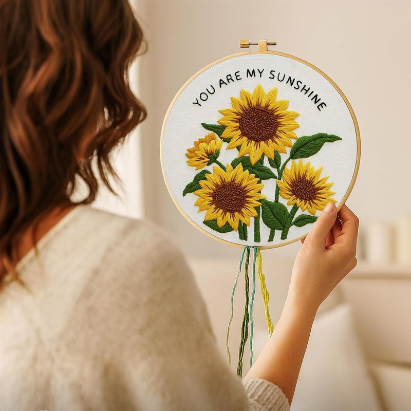 Nuberlic Sunflower Embroidery Kit for Beginners -Adults Starter Cross Stitch Kit DIY Needlepoint with Hoop, Pre-Printed Fabric, Threads & Step-by-Step Guide - Image 2